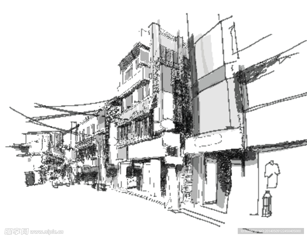 手绘素描建筑街道