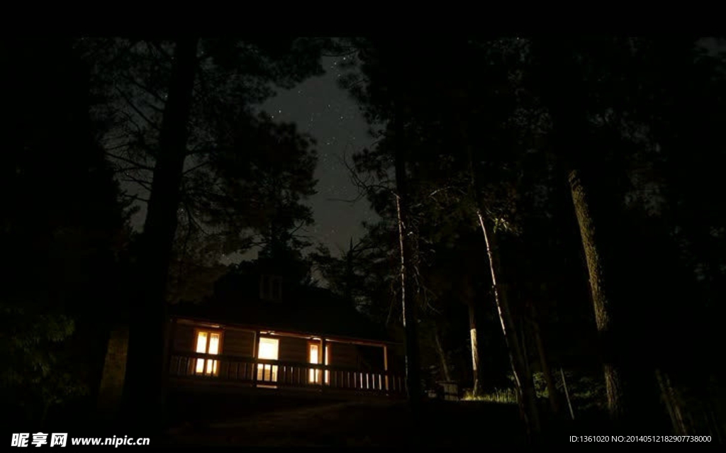 夜晚森林小屋灯光视频