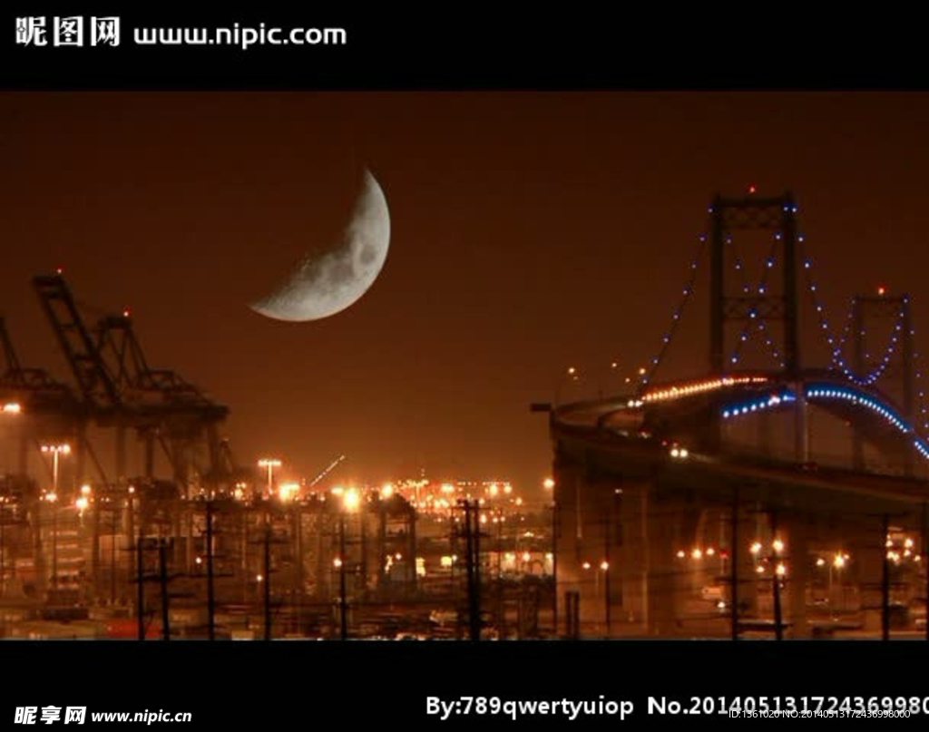 城市夜景月亮灯光视频