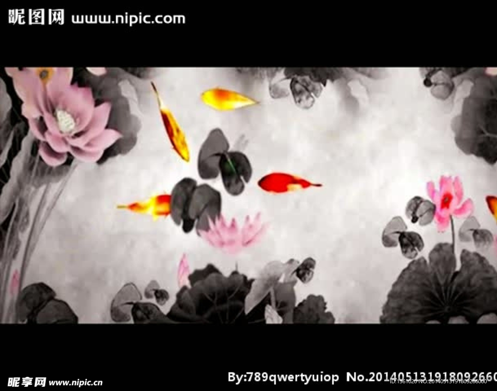 水墨金鱼花朵视频素材