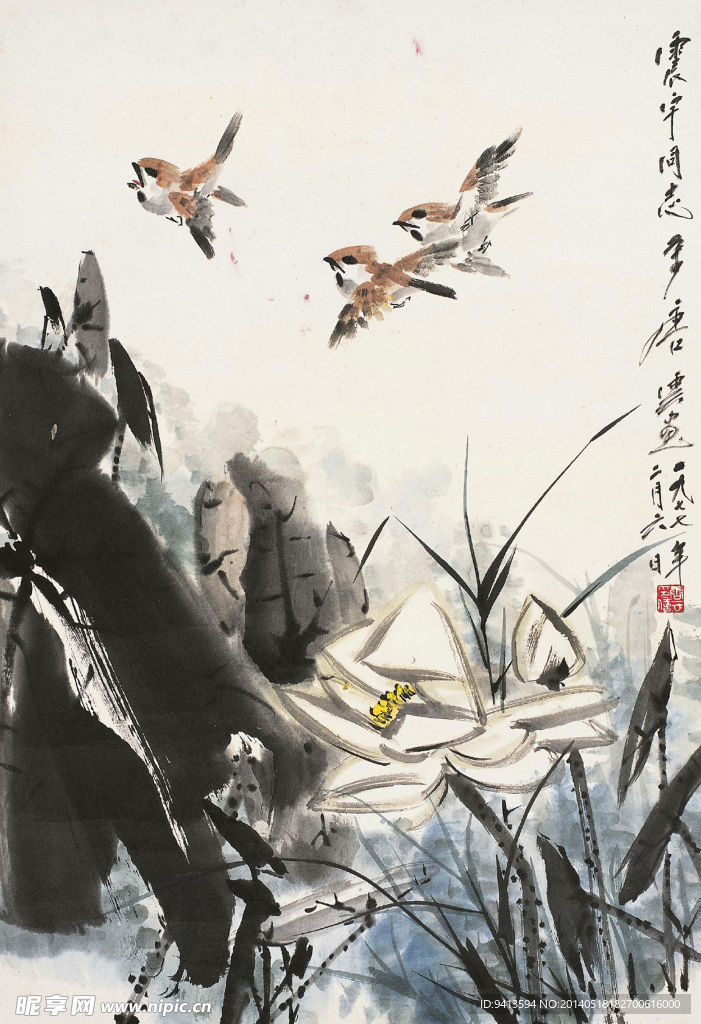 荷塘飞鸟