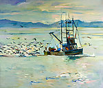 海上渔船油画