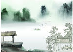 山水远景渔夫鸟水墨画