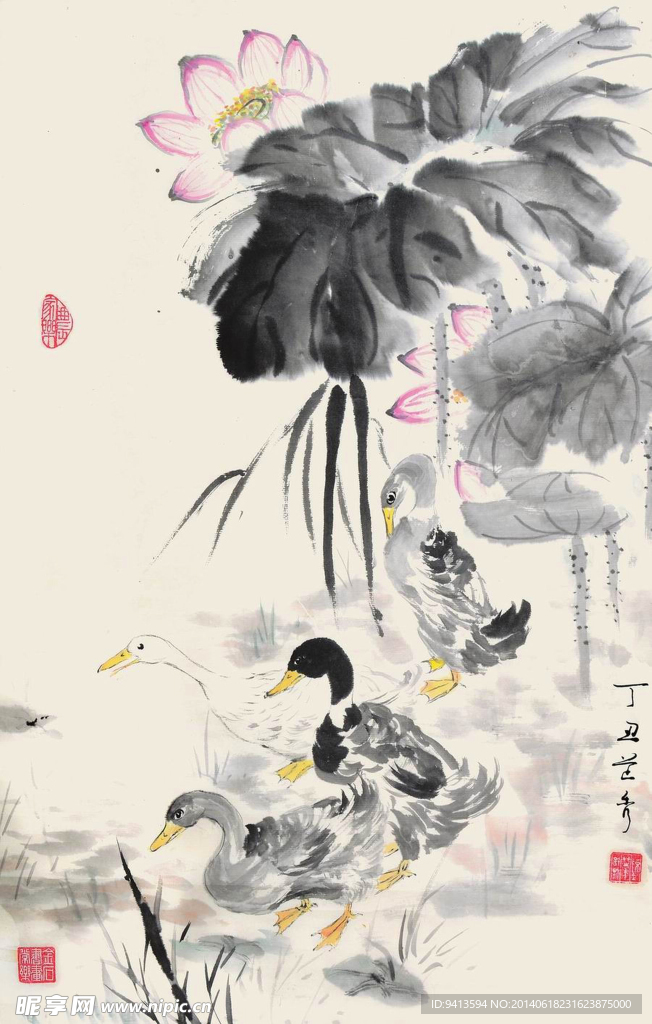 鸭戏荷塘