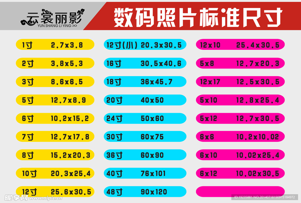 照相馆标准尺寸表