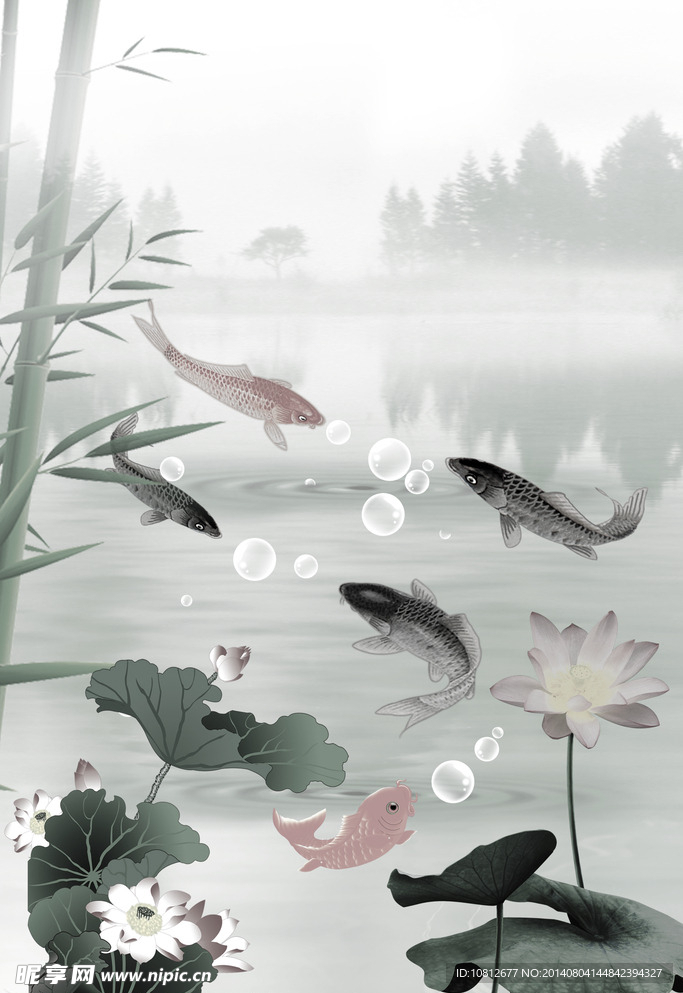 国画水墨花鱼