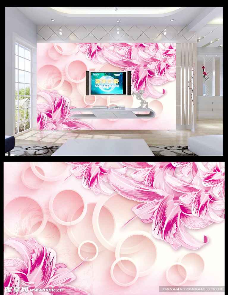 立体花卉电视墙