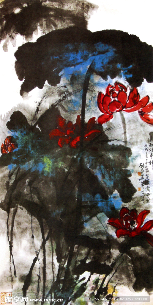 荷花彩墨画