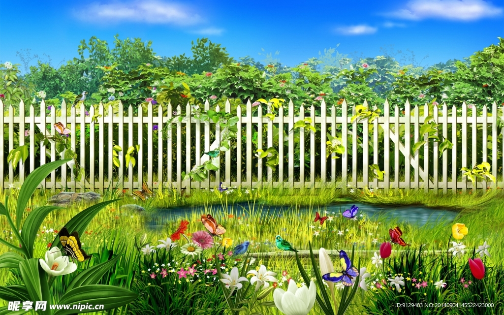 画意背景 栅栏花园