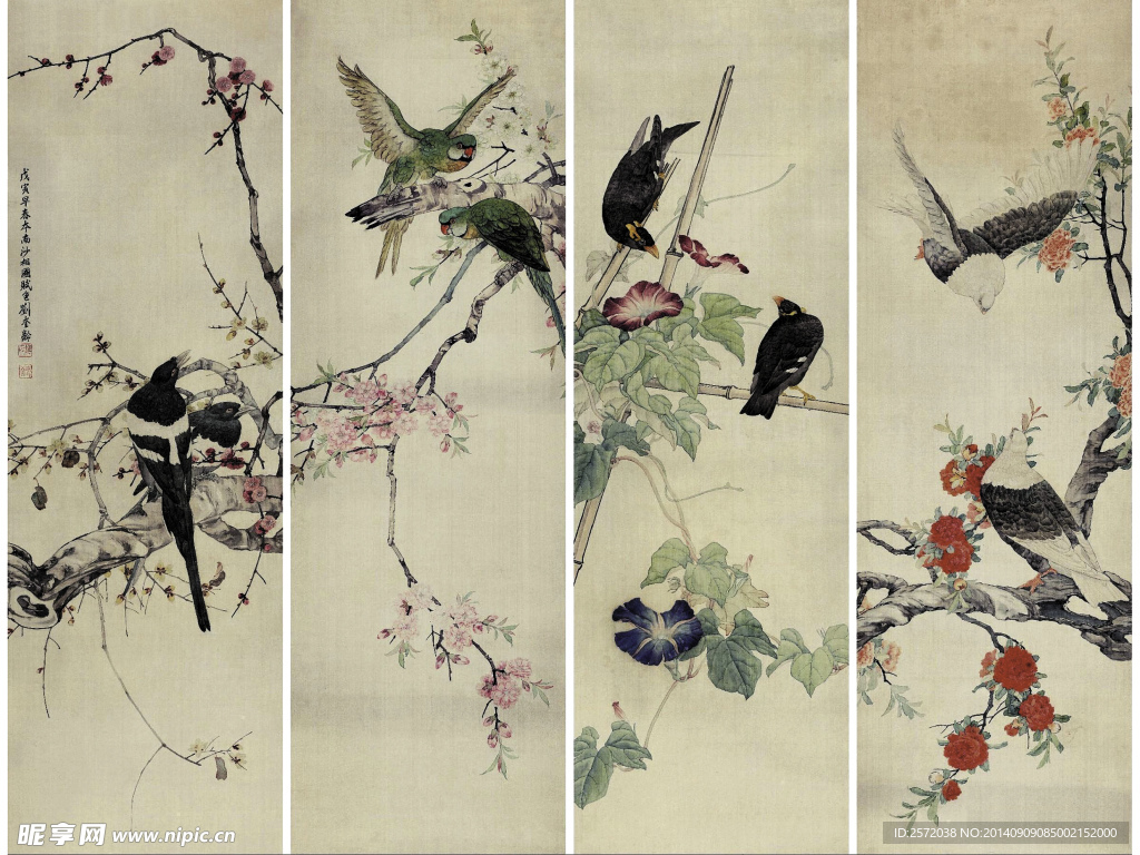 花鸟四屏国画