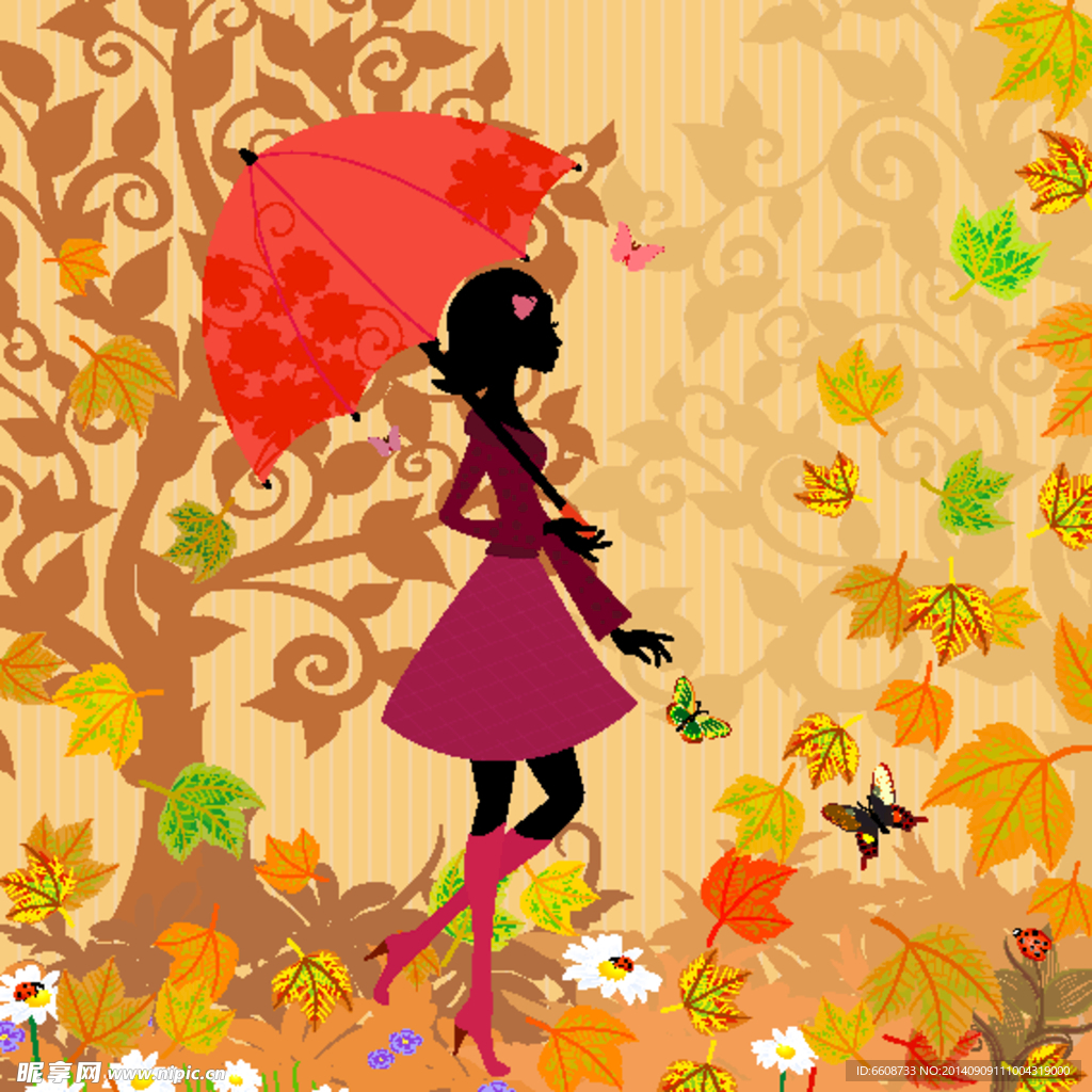 美女红色雨伞