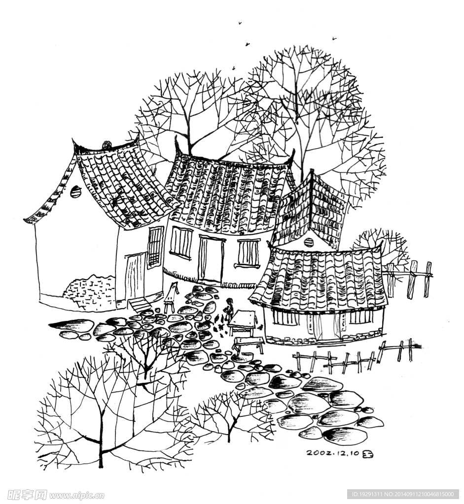 房子树素描图片