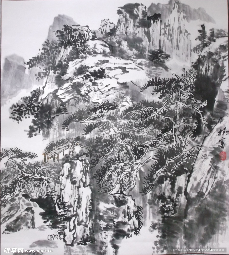 水墨山水斗方
