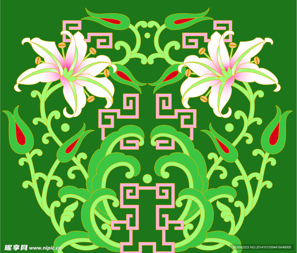 中式 花纹 绿色 百合