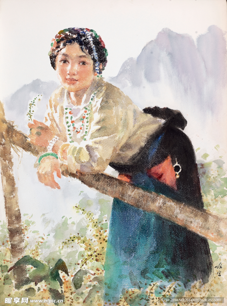 倚栏的藏族少女