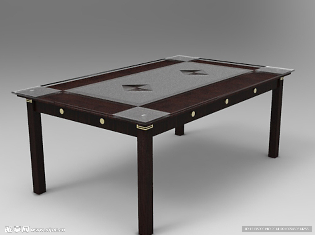 木头框玻璃面金属钉长形方桌3D