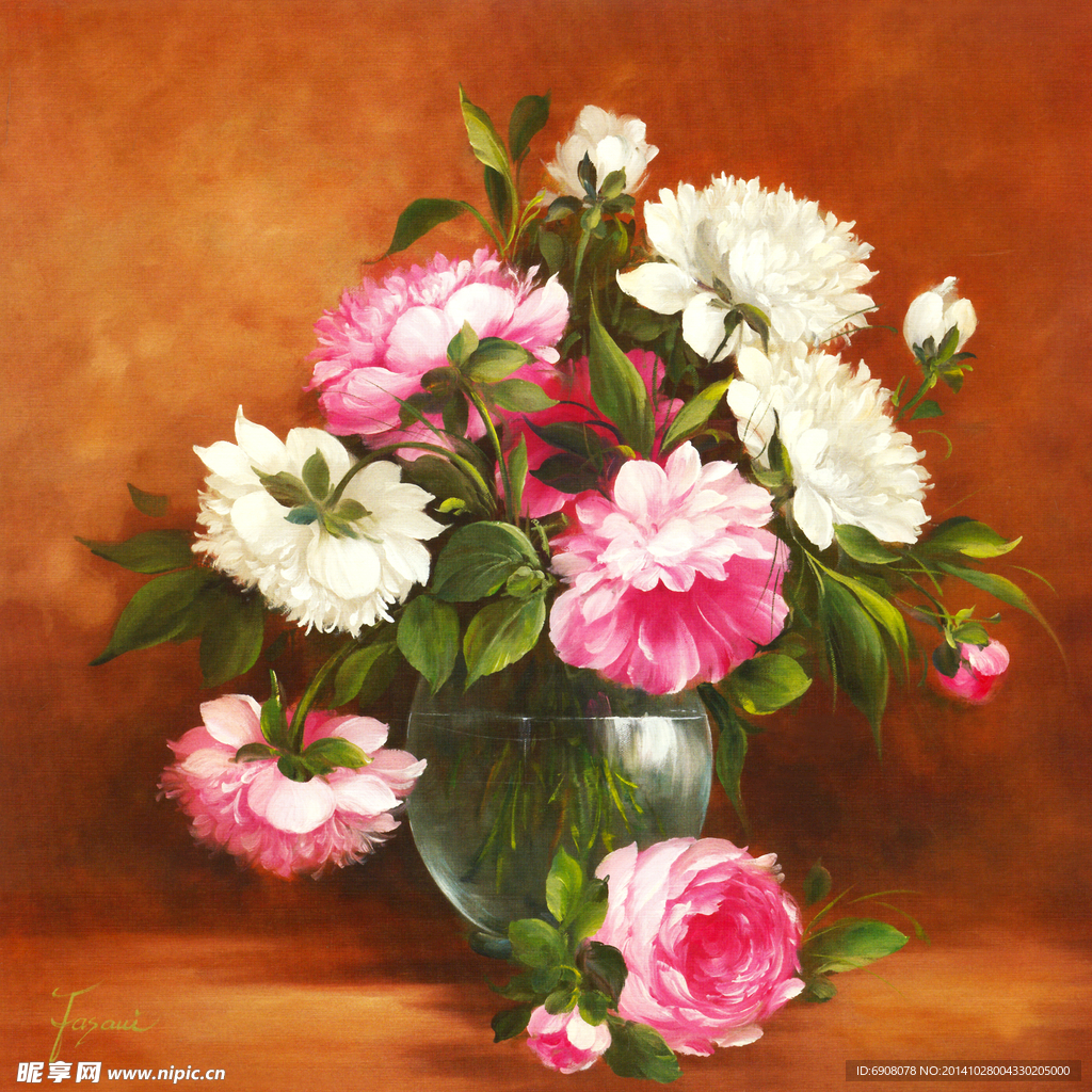 手绘欧式花卉花瓶油画