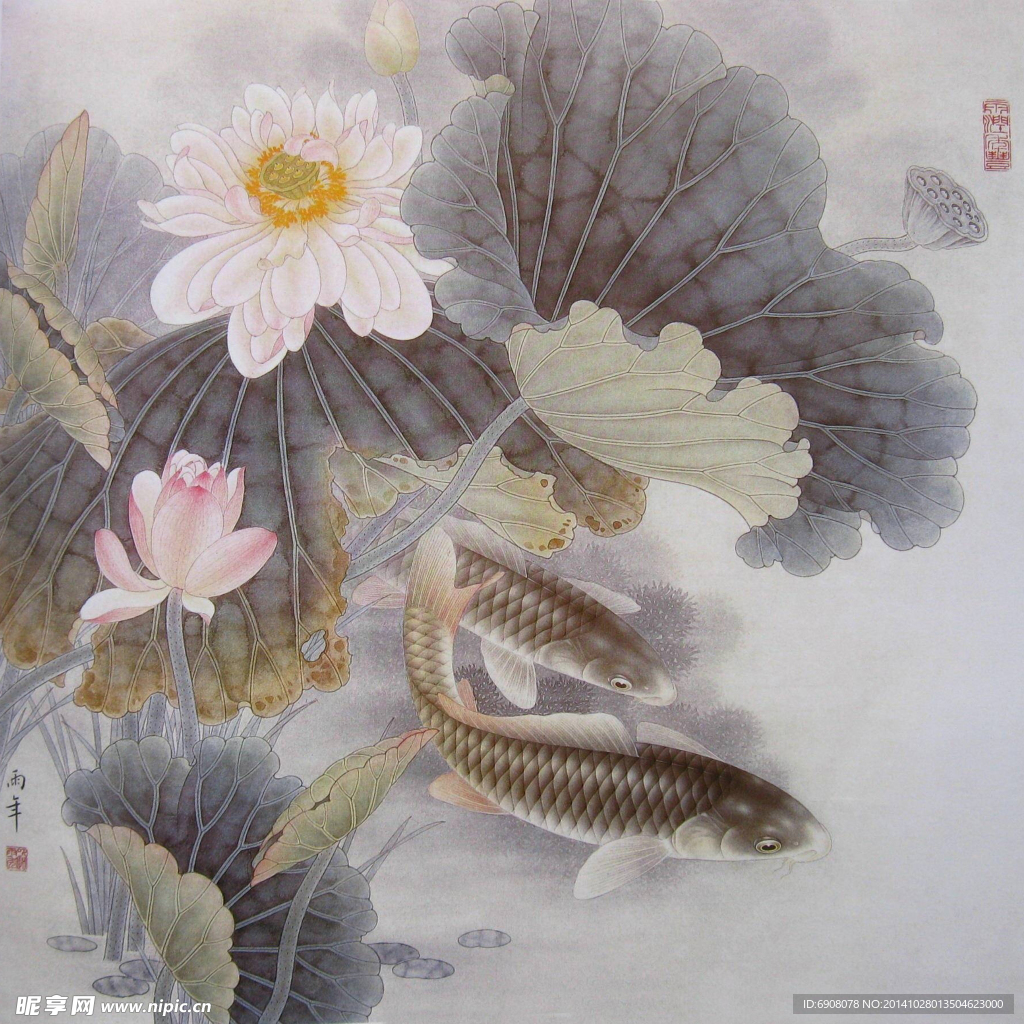 工笔国画荷花鲤鱼