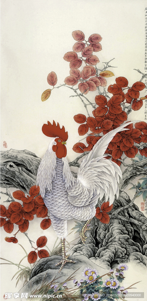 键 词:美术 中国画 工笔画 花鸟画 白公鸡