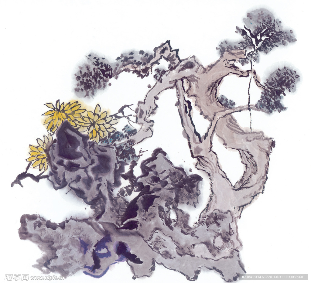 国画古树山石