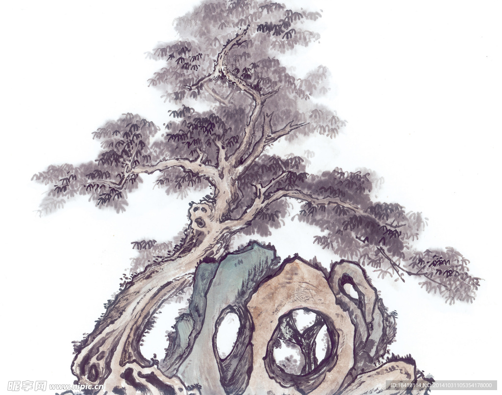 国画古树山石