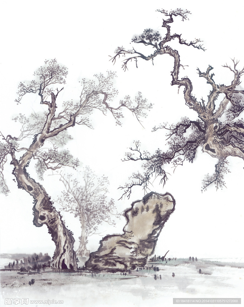 国画古树山石