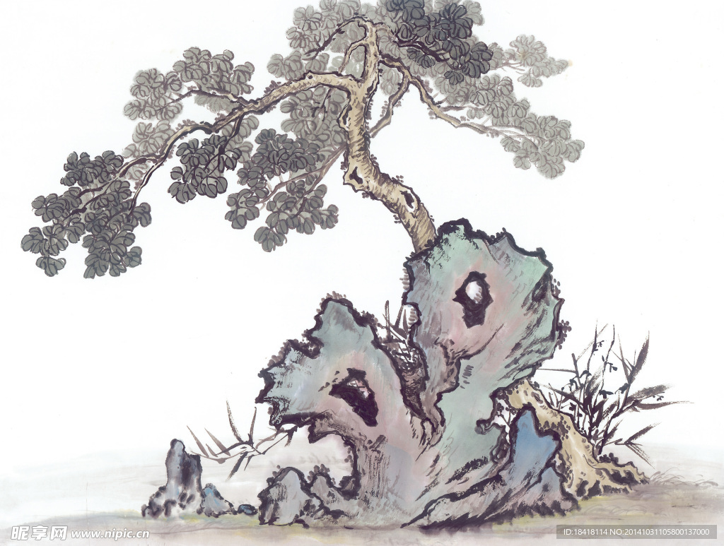 国画古树山石