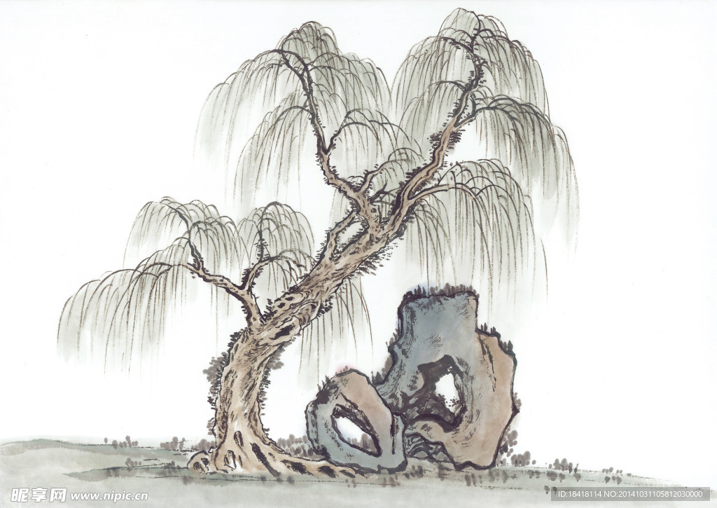 国画古树山石