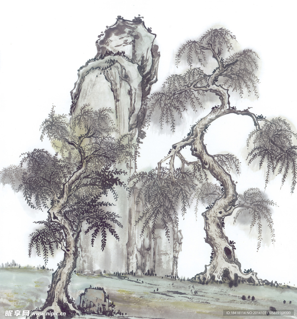 国画古树山石
