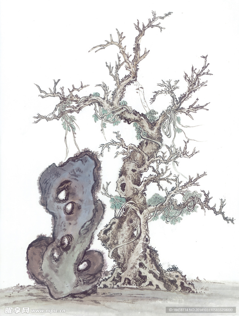国画古树山石