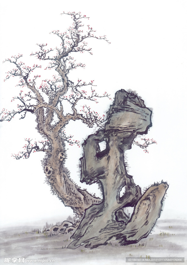 国画古树山石