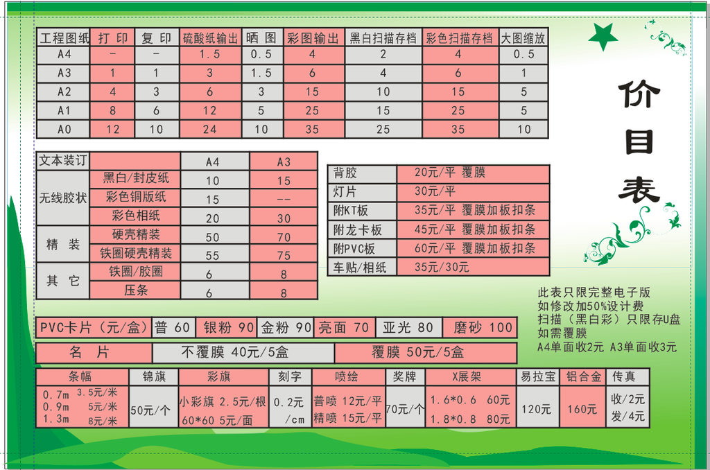 价目表
