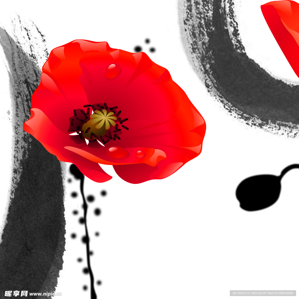水墨红花