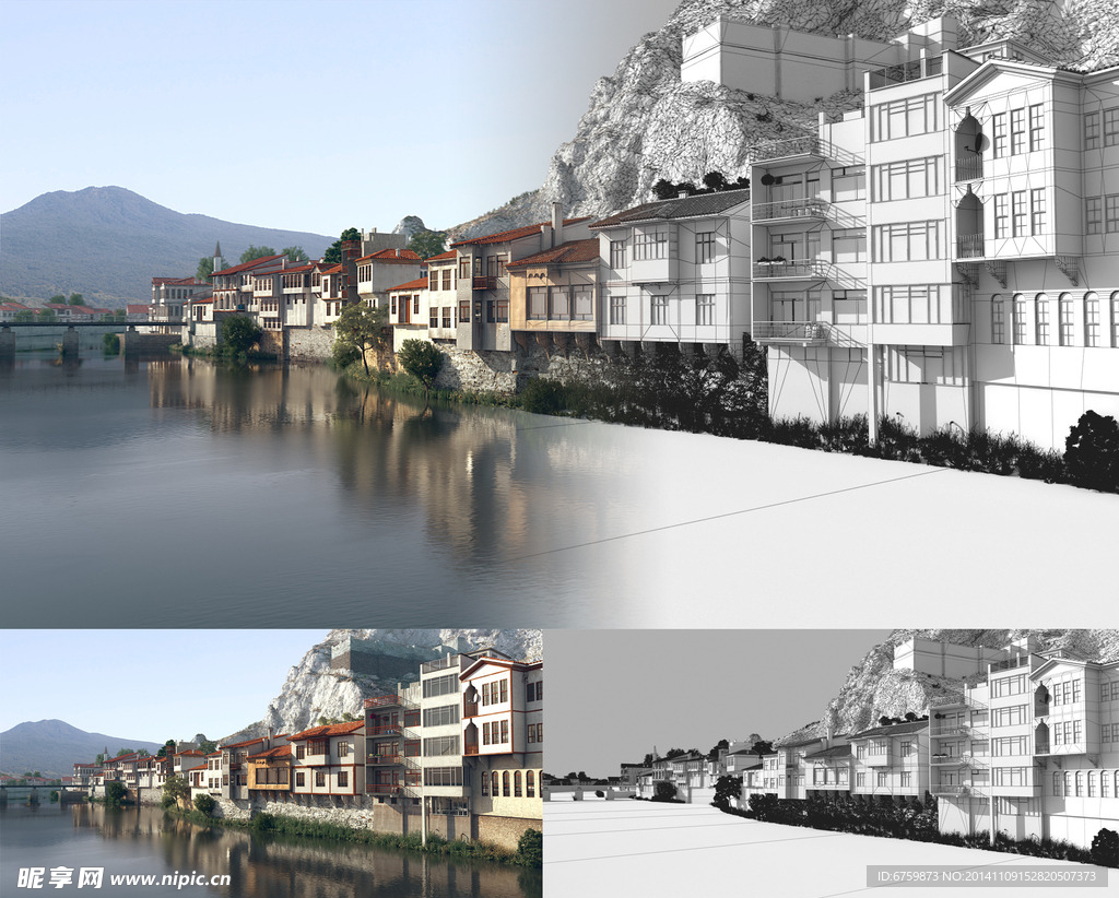 高精度3Dmax水岸别墅