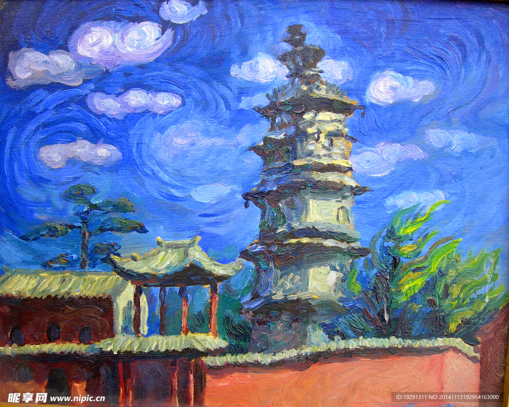 天空塔油画
