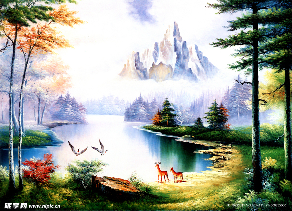 高山树木风景油画