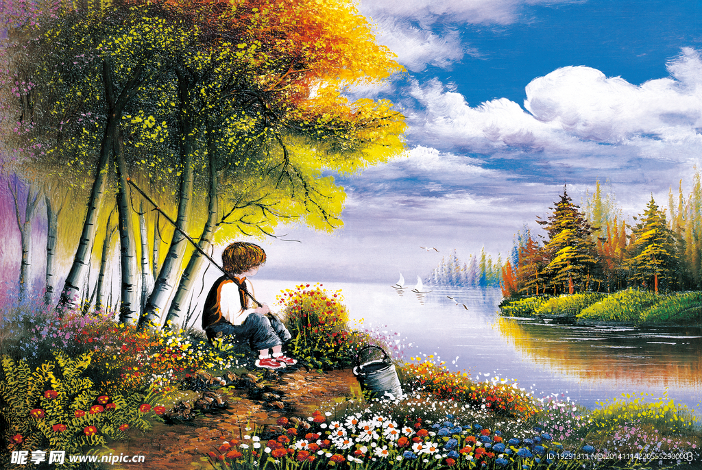 小男孩风景油画