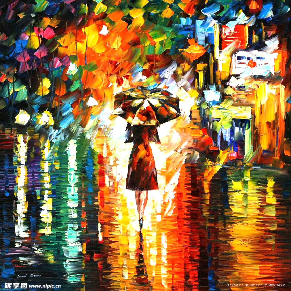 雨天人物油画