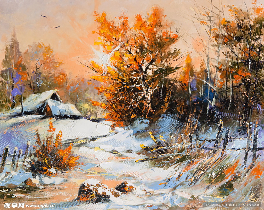 雪山树木风景油画