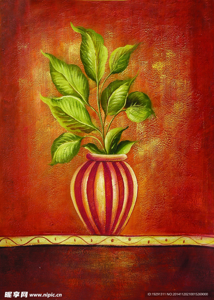 绿叶花油画