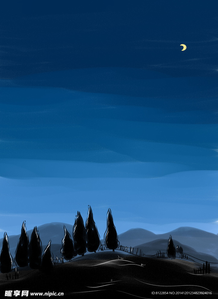 手绘笔触高清夜晚剪影风景插画