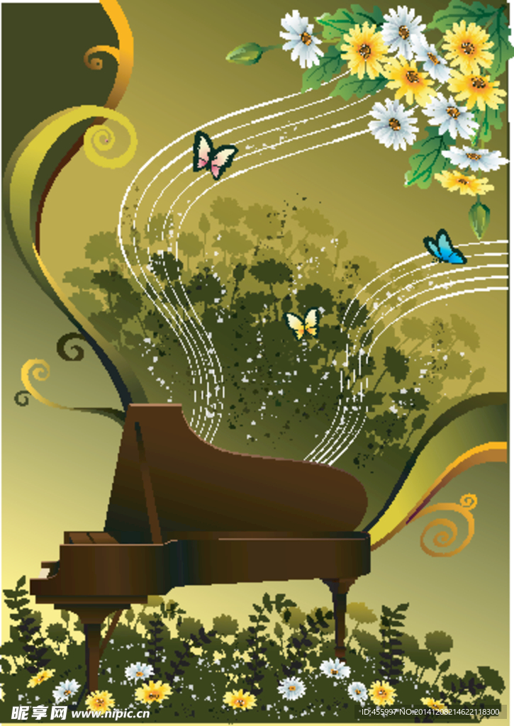 矢量鲜花钢琴卡通蝴蝶