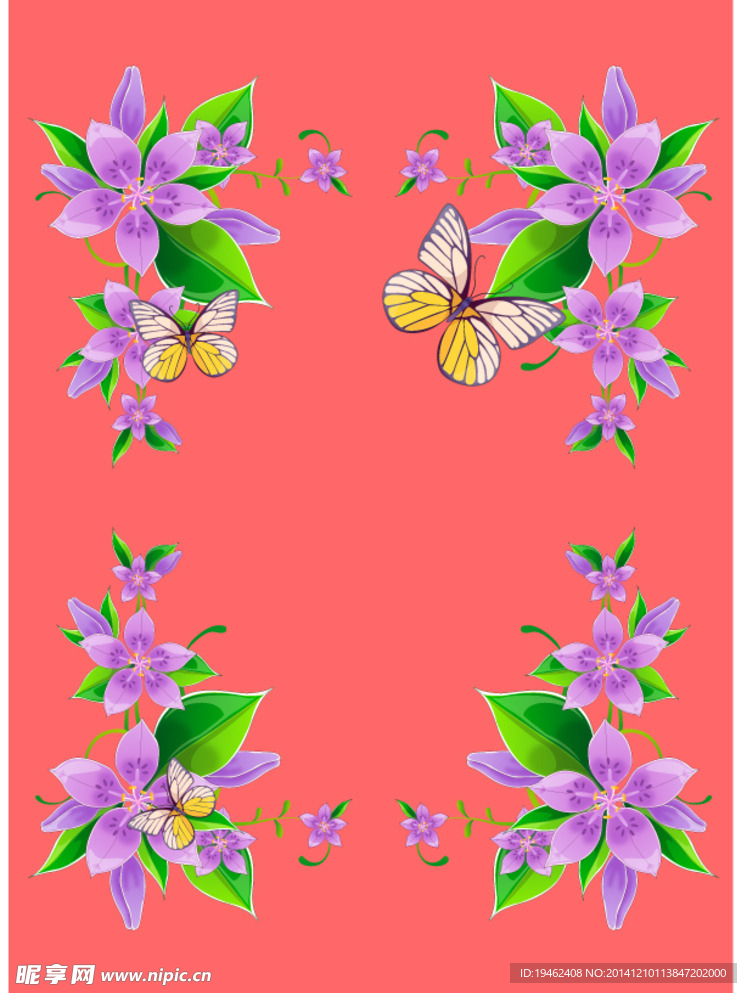 花朵 紫花 绿叶 蝴蝶 背景