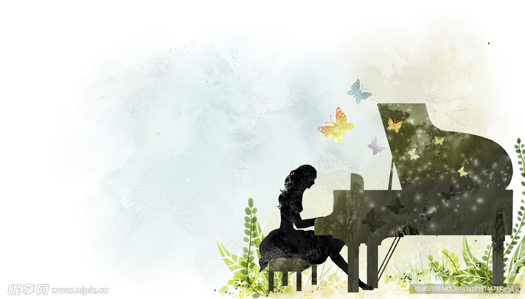 手绘弹钢琴的女孩风景插画