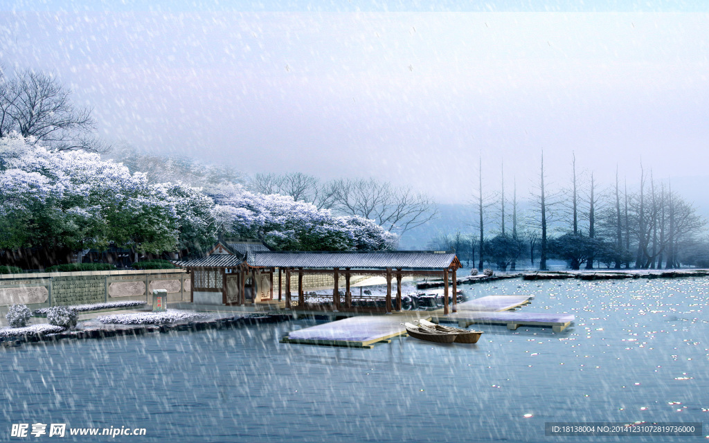 风雪下的湖边景色