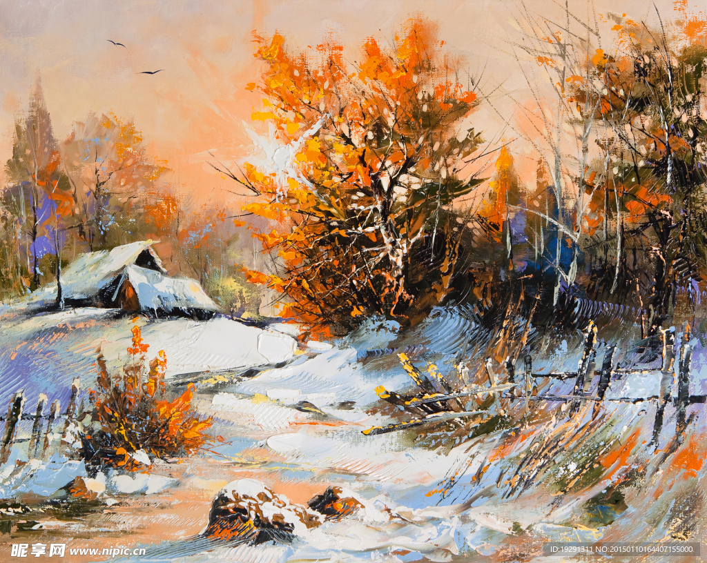 雪中风景油画