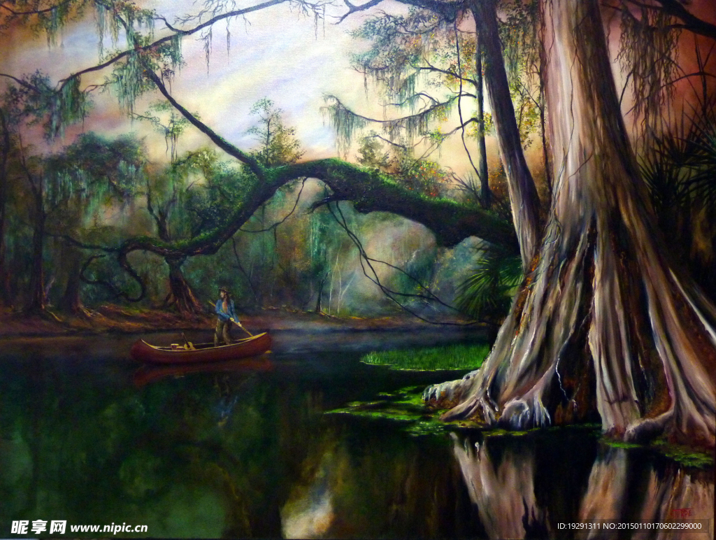 树木湖水油画