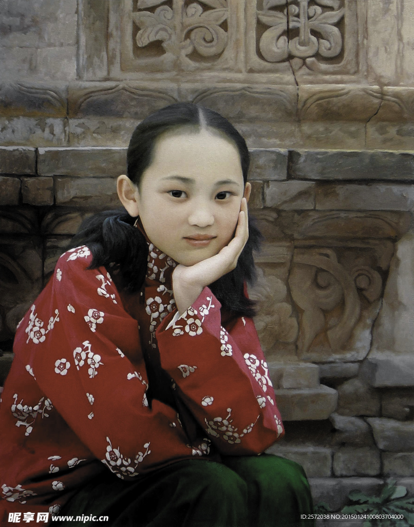 旧屋墙下的少女