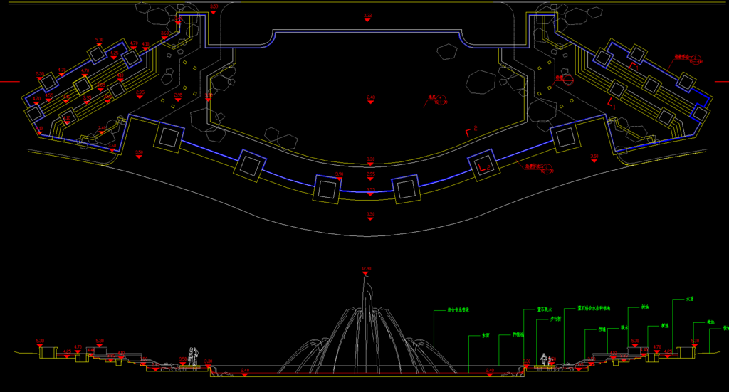 入口水池竖向索引及剖立面图