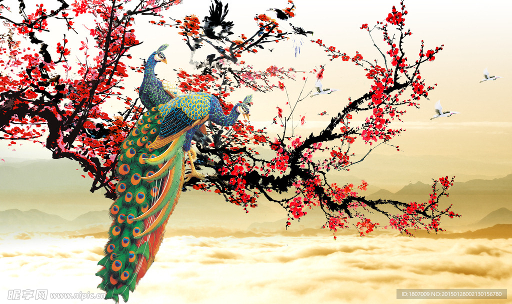 孔雀花卉国画